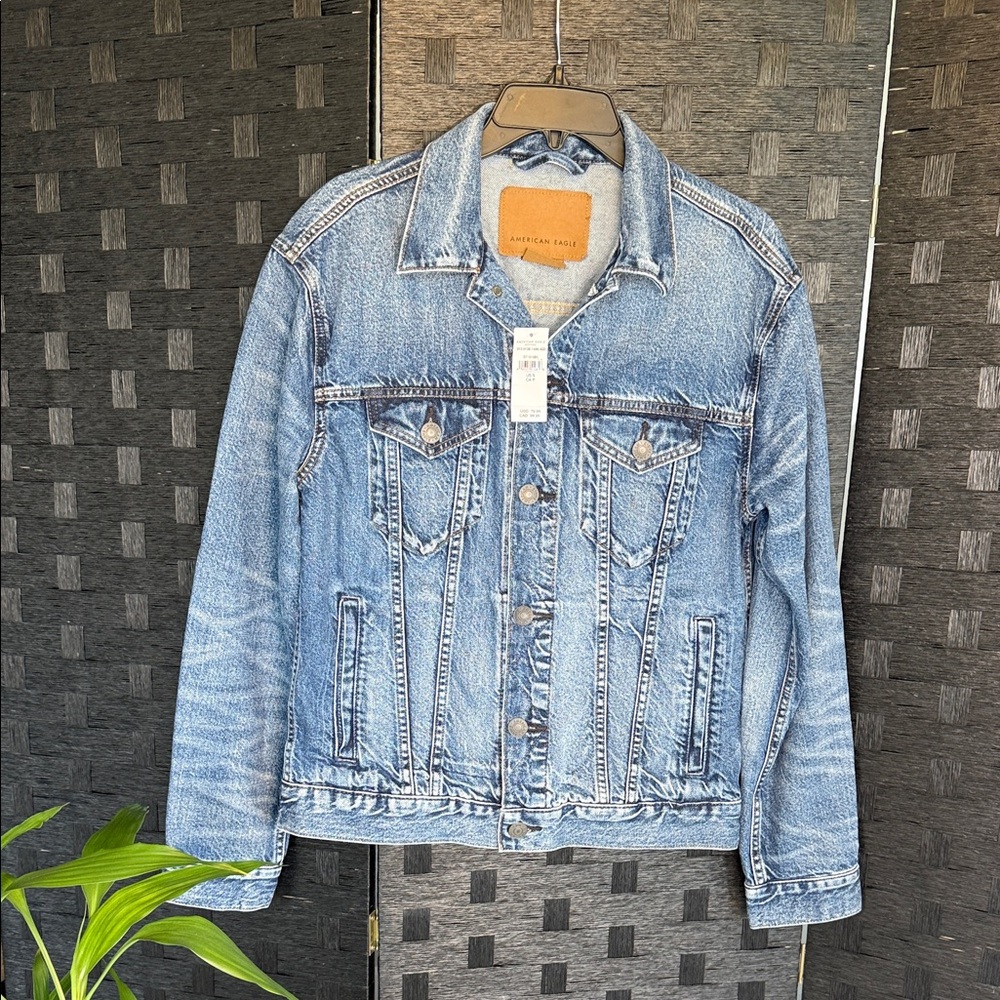 American Eagle Blue Denim Jacket with Tan Label